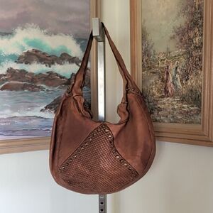 Chic Brown Leather Hobo Bag with Stud Accents